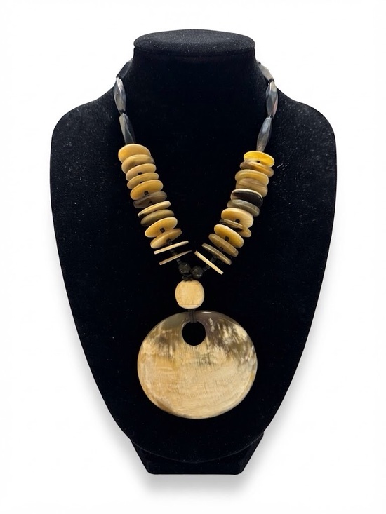 None Jewelry - Boho Horn Disc Statement Necklace in Warm Yellow-Brown